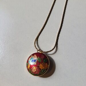 Vintage Two Sided Puffy Cloisonne Pendant Necklace Red Floral Butterfly
